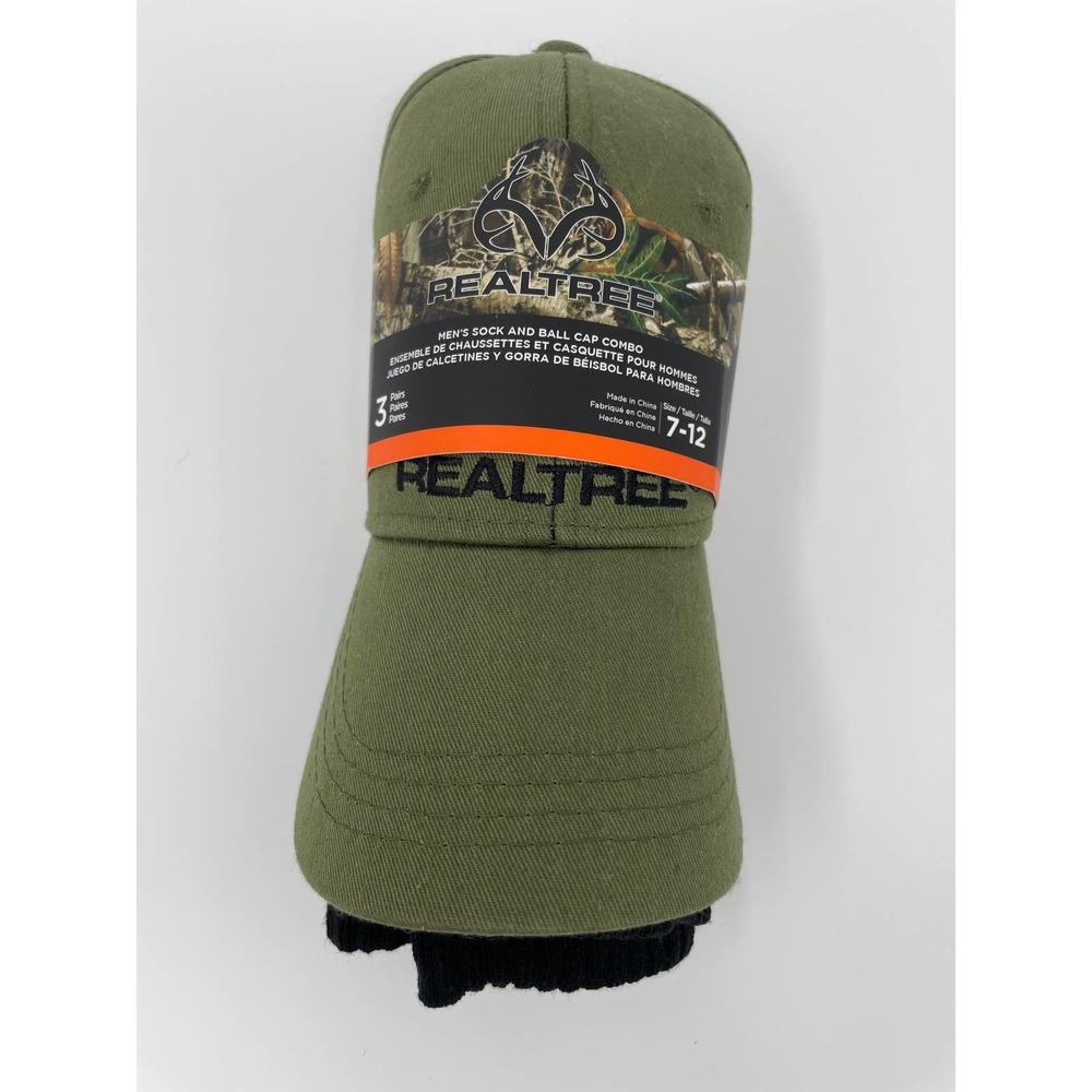 Rare Realtree Mens Hat and Sock Combo Baseball Cap Green 3 Pair Crew Socks Black